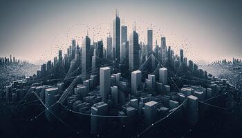 futuristische stad verbonden door onzichtbaar internet koppelingen. panorama antenne visie van slim stad, connectiviteit concept. generatief ai. foto