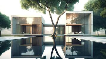 modern buitenshuis zwemmen zwembad Oppervlakte met natuur visie en eigentijds villa, generatief ai. foto
