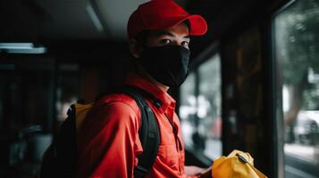 portret van Afrikaanse levering jongen vervelend koerier rugzak en beschermend masker gedurende Verzenden, generatief ai. foto