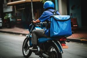 fictief voedsel levering Mens rijden Aan fiets met thermisch of koerier tas, uitdrukken levering onderhoud. generatief ai. foto