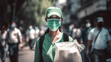 portret van levering meisje draag- voedsel pakket in beschermend masker, werk voor koerier bedrijf. generatief ai. foto