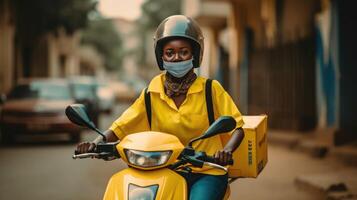 fictief voedsel levering Afrikaanse meisje rijden Aan scooty met isothermisch geval doos, uitdrukken levering onderhoud van cafe en restaurant. generatief ai. foto