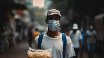 detailopname portret van Indisch levering Mens in beschermend masker, Holding voedsel pakket. werk voor koerier onderhoud. generatief ai. foto