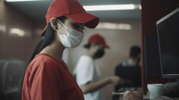 kant visie van levering meisje in uniform met medisch masker gedurende werken Bij bureaublad. werk voor koerier onderhoud. generatief ai. foto