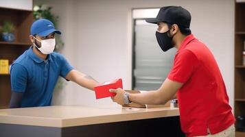 portret van twee levering mannen bespreken elk andere Bij teller in beschermend masker, werk voor koerier bedrijf. generatief ai. foto