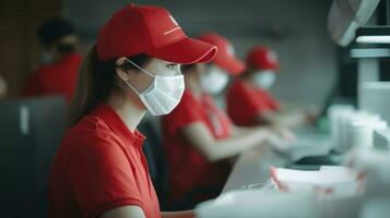 kant visie groep van levering meisjes vervelend rood t-shirt met medisch masker gedurende werk Bij werkplek. generatief ai. foto