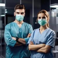 portret van jong mannetje en vrouw medisch professionals vervelend maskers in in werking theater, generatief ai. foto