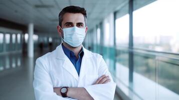 portret van midden oud mannetje dokter vervelend masker in gang van ziekenhuis, generatief ai. foto