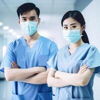 portret van jong Aziatisch mannetje en vrouw dokter vervelend maskers terwijl staand in ziekenhuis foyer, generatief ai. foto