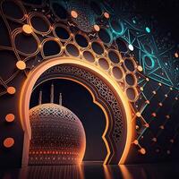 verbazingwekkend architectuur ontwerp van moslim moskee, en abstract glimmend patronen, Ramadan mubarak concept, generatief ai. glimmend lichten. foto