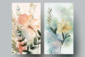 waterverf botanisch samenstelling verticaal achtergrond of kaart ontwerp met bloemen, bladeren. generatief ai illustratie. foto