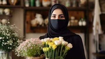 midden oud Arabisch vrouw bloemist vervelend hijab en masker in haar op te slaan, generatief ai. foto
