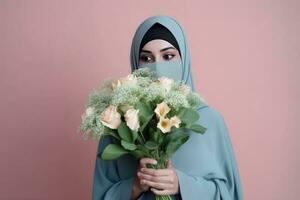 portret van Arabisch vrouw vervelend masker en Holding mooi boeket, generatief ai. foto