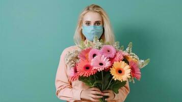 portret van jong vrouw vervelend masker en Holding mooi kleurrijk madeliefje boeket, generatief ai. foto