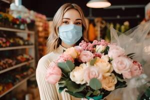 portret van aantrekkelijk vrouw bloemist vervelend masker en mooi boeket in bloemen winkel. generatief ai. foto