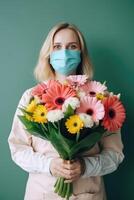 portret van jong vrouw vervelend masker en Holding kleurrijk madeliefje boeket, generatief ai. foto