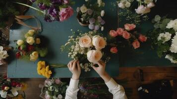 top visie detailopname van vrouw bloemist creëren boeket met mooi bloemen Bij werkplek, generatief ai. foto