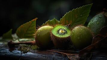 mooi biologisch achtergrond van geheel en besnoeiing vers kiwi's met water druppels, gemaakt door generatief ai technologie. foto