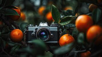 een boeiend fotograaf dat hoogtepunt uniek achtergrond van vers oranje met bladeren en digitaal camera, gemaakt door generatief ai technologie. foto