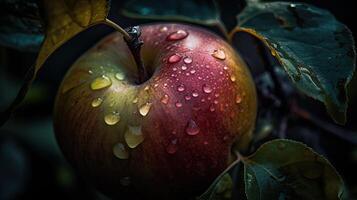 een boeiend fotograaf dat hoogtepunt uniek achtergrond van vers appel, bladeren en water druppels, gemaakt door generatief ai technologie. foto