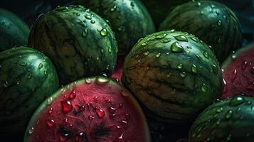 een boeiend fotograaf dat hoogtepunt uniek achtergrond van sappig vers watermeloenen in geheel en besnoeiing en water druppels, gemaakt door generatief ai technologie. foto