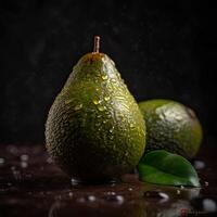 opvallend fotografie van rijp avocado versierd met druppeltje water Aan donker achtergrond, generatief ai. foto