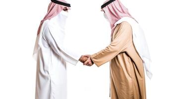 bedrijf handdruk tussen twee Arabisch Mens. dichtbij omhoog Aan zwart achtergrond. generatief ai. foto