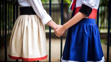 vriendelijk of gewoontjes handdruk tussen Frankrijk Dames in hun traditioneel kleding. generatief ai. foto