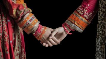 vriendelijk of gewoontjes handdruk tussen Arabisch cultureel Dames in hun traditioneel kleding. generatief ai. foto