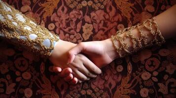 vriendelijk of gewoontjes handdruk tussen Arabisch cultureel Dames in hun traditioneel kleding. generatief ai. foto