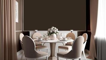 luxueus, modern hedendaags keuken kamer met dining tafel, minimalistisch ontwerp. generatief ai digitaal illustratie. foto