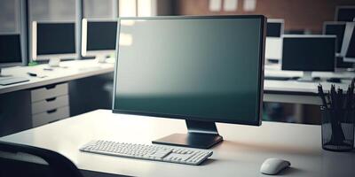 modern werkruimte met computer monitor, of bureaublad, scherm bespotten omhoog Aan houten tafel. generatief ai foto