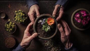 tuinieren - aanplant kleurrijk bloemen. top visie. ai generatief, digitaal illustratie. foto