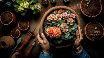 tuinieren - aanplant kleurrijk bloemen. top visie. ai generatief, digitaal illustratie. foto