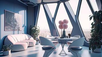 futuristische interieur stijl huiskamer, modern knus leven kamer met monochroom blozen. ai generatief. foto