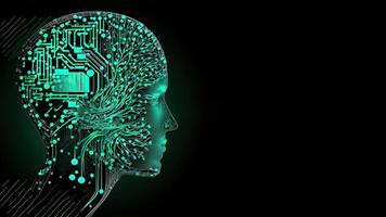 kunstmatig intelligentie- in humanoid hoofd met neurale netwerk, digitaal hersenen aan het leren verwerken groot gegevens. gezicht van cyber verstand. generatief ai technologie en ruimte voor uw bericht. foto
