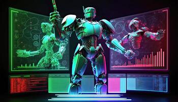 een cyborg avatar holografische scherm Aan donker achtergrond. generatief ai illustratie. foto