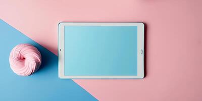 digitaal tablet met kleur blok scherm bespotten omhoog Aan kleurrijk tafel. generatief ai foto
