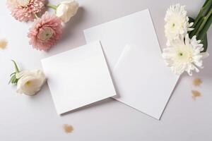 top visie van blanco kaart of papier mockup met roze en wit bloemen Aan achtergrond. generatief ai illustratie. foto