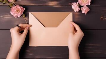 top visie foto van vrouw maken een envelop mockup en mooi roze bloemen Aan houten tafel, generatief ai.