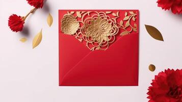 top visie van rood uitnodiging kaart, envelop met gouden bloemen reliëf model, generatief ai. foto