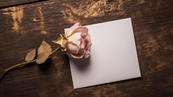 top visie van leeg wit papier met mooi beige roos bloem Aan bruin houten structuur achtergrond voor liefde of bruiloft concept. generatief ai. foto