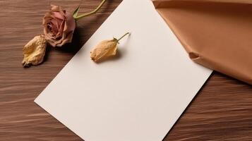 top visie van blanco wit papier met mooi roos bloem Aan bruin houten structuur achtergrond voor liefde of bruiloft kaart ontwerp. generatief ai. foto