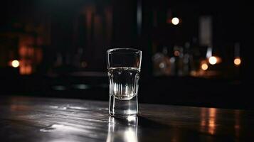 detailopname visie van alcoholisch smaak drinken glas geïsoleerd Aan tafel Bij donker licht achtergrond voor nacht feest. generatief ai. foto