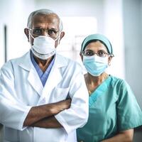 portret van senior mannetje en vrouw dokter vervelend maskers terwijl staand samen in gang van ziekenhuis, generatief ai. foto