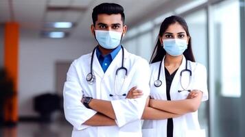 jong mannetje en vrouw dokter vervelend maskers terwijl staand samen in gang van ziekenhuis, generatief ai. foto