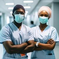 portret van Afrikaanse mannetje en vrouw dokter vervelend maskers terwijl staand in de ziekenhuis gang, generatief ai. foto