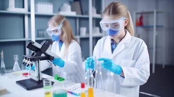 portret van vrouw wetenschappers of wetenschap leerling onderzoeken en aan het leren in een laboratorium, generatief ai. foto