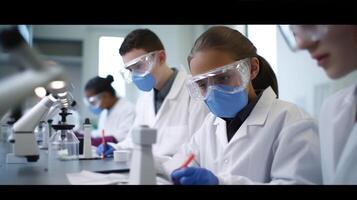 detailopname portret van wetenschap studenten of wetenschappers onderzoeken en aan het leren in een laboratorium, generatief ai. foto