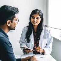 detailopname portret van vrouw dokter en mannetje collega of geduldig zittend Bij werkplaats in ziekenhuis of kliniek. generatief ai. foto